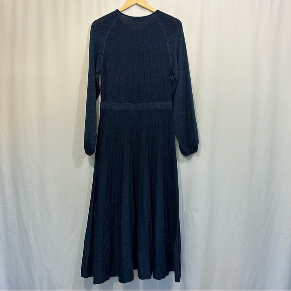 THE FOLD London Lumia Knitted Long Sleeve Pleated Midi Dress in Metallic Blue - Picture 8 of 16